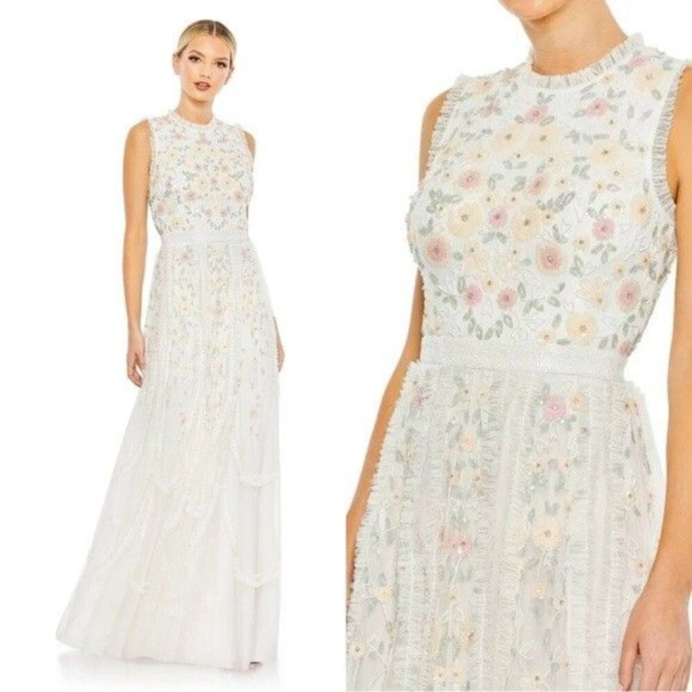 Mac Duggal 9137 Embroidered High Neck Sleeveless Floral Ruffled Gown‎ NWT